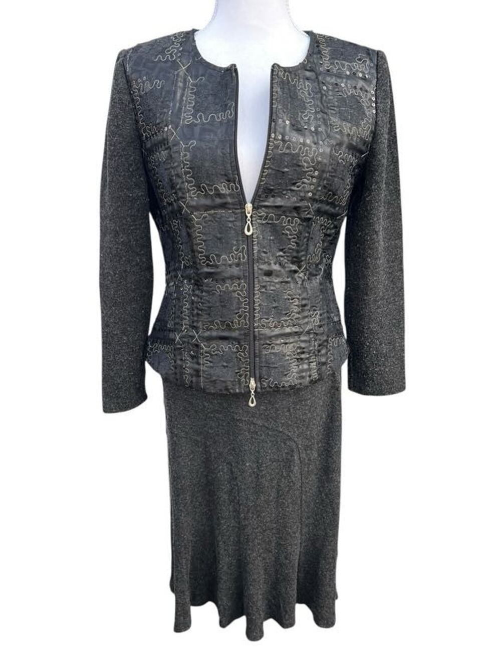 Joseph Ribkoff Women's Vintage Jacket & Skirt Set Sequin Embroidered Gray Size 8